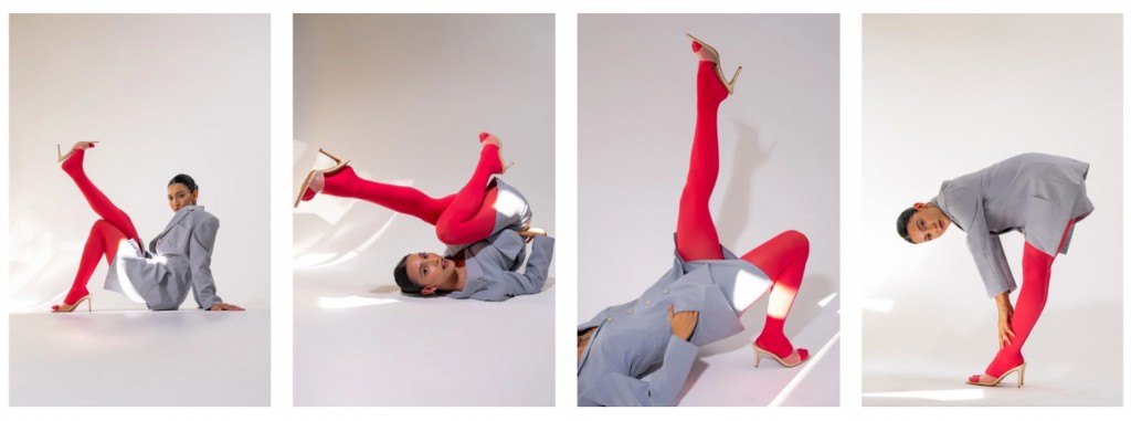 Four studio frames of a model in a gray suit and red tights