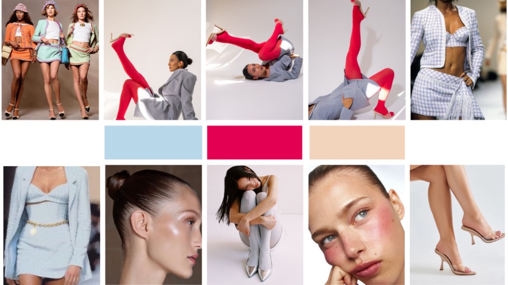 Color Interrupt reference board with pastel tailoring, red tights, and beauty details