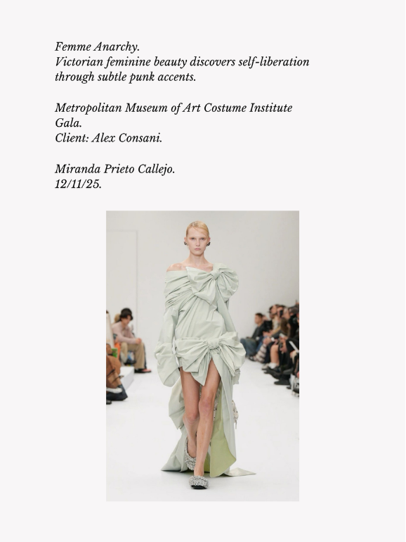 Femme Anarchy styling board with a runway look in a pale green gown
