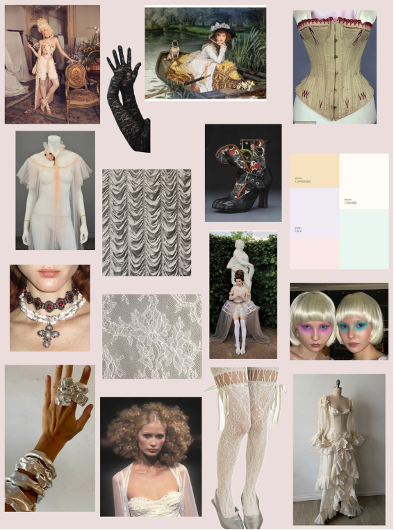 Victorian and punk moodboard with lace, corsetry, and pale color chips