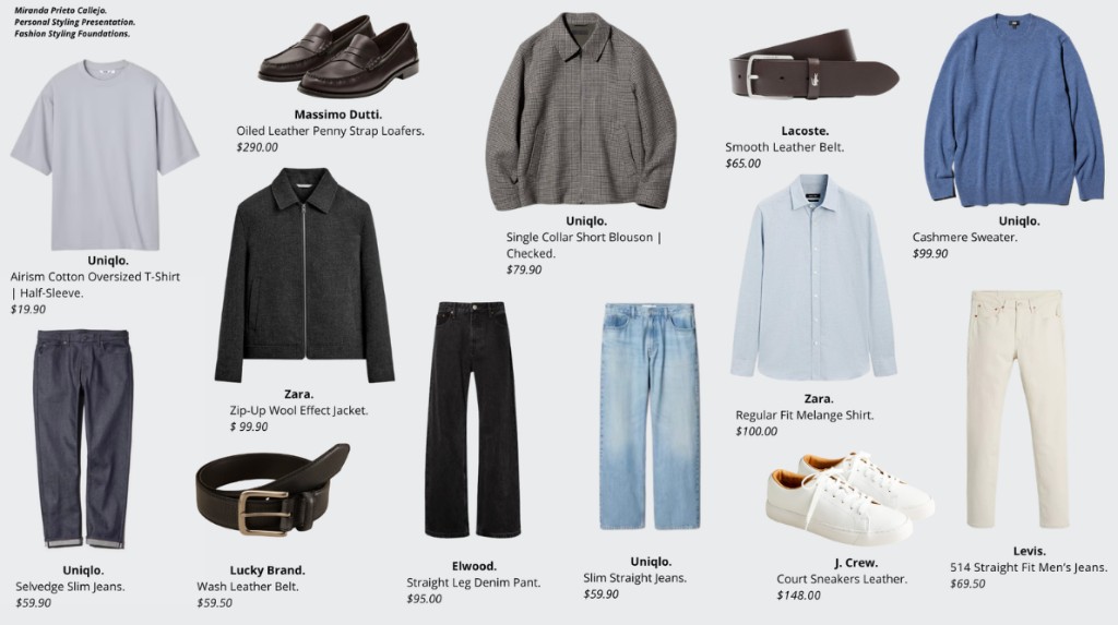 Product grid of shirts, denim, loafers, belts, and sneakers for a personal styling presentation